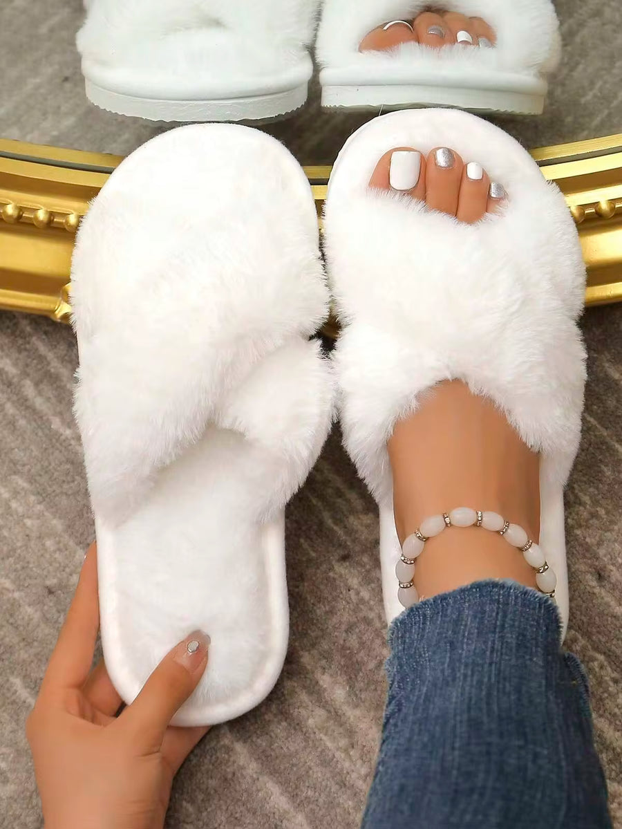 Women's Crossed Strap Fluffy Slippers, Soft And Warm Furry Home Shoes With Open Toe And Comfortable Outdoor Wear, Breathable